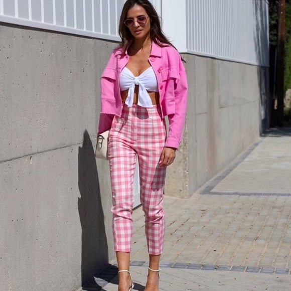 Zara Pants - Zara Women's Pink and White Trousers gingham sz.L